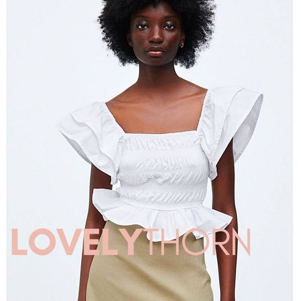 ZARA // ultra-chic white poplin ruffle frill sleeve smocked peplum top